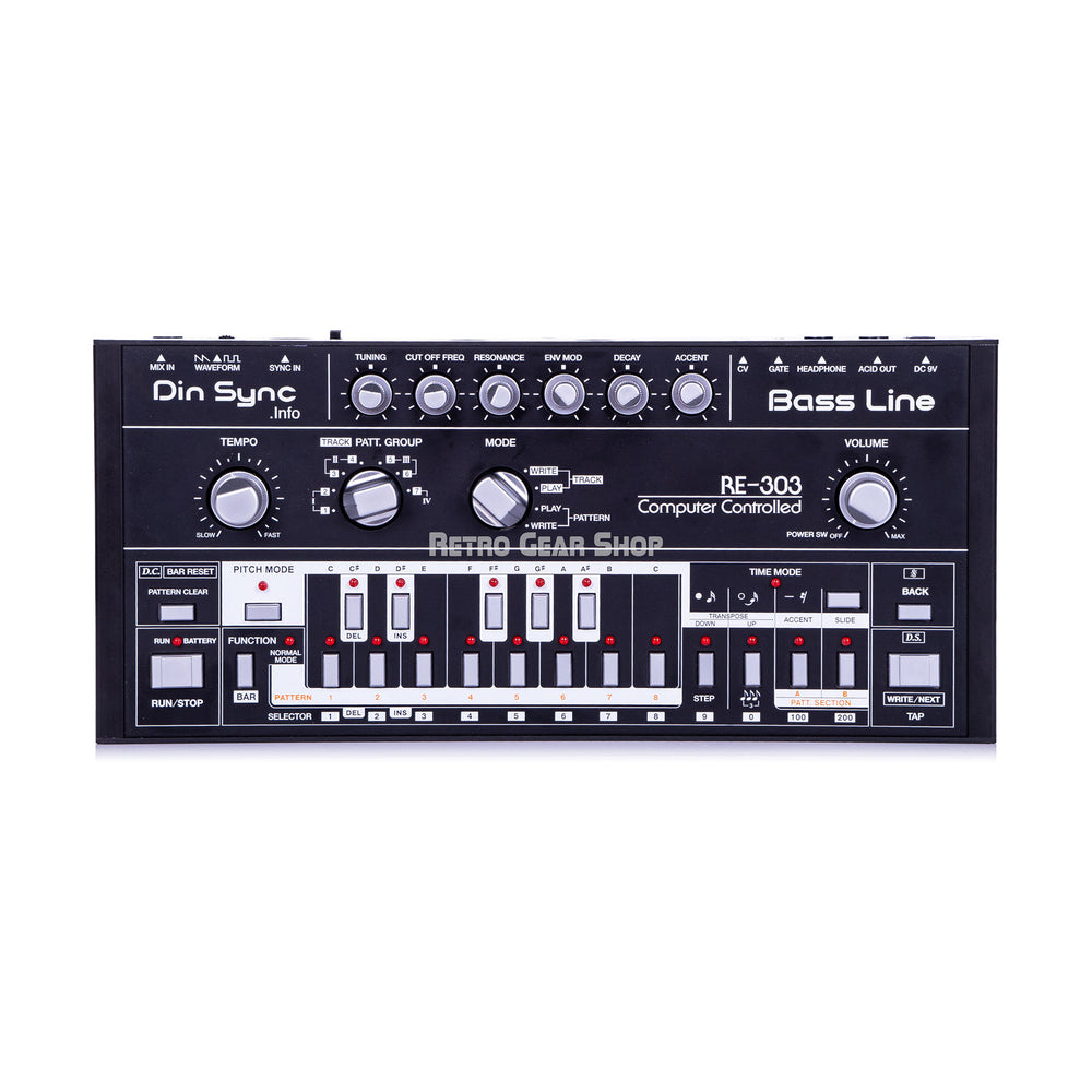 Dinsync RE-303 Black & Silver Roland TB-303 Clone Bass Line Analog Synthesizer with Red LED Din Sync