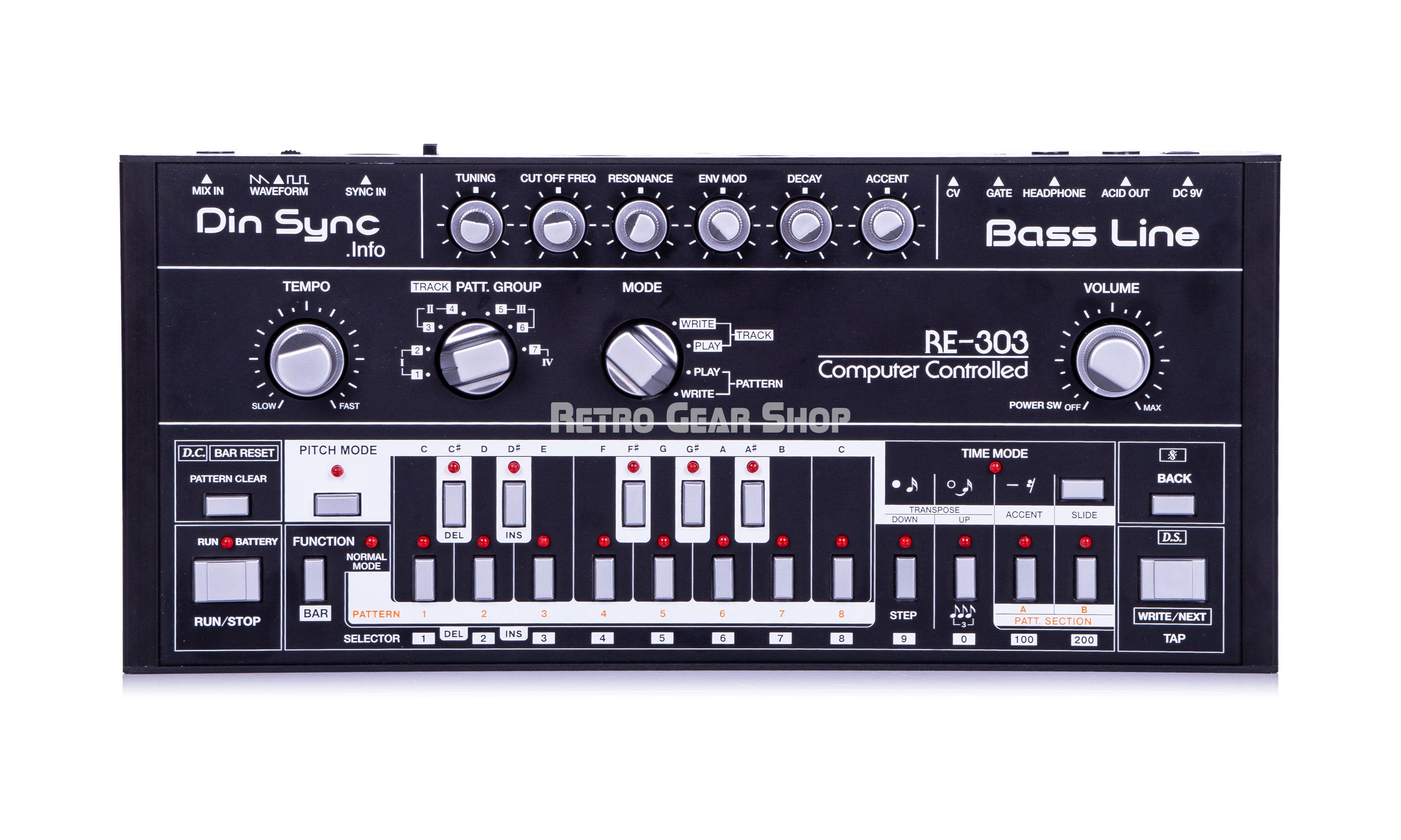 Dinsync RE-303 Black & Silver Roland TB-303 Clone Bass Line Analog
