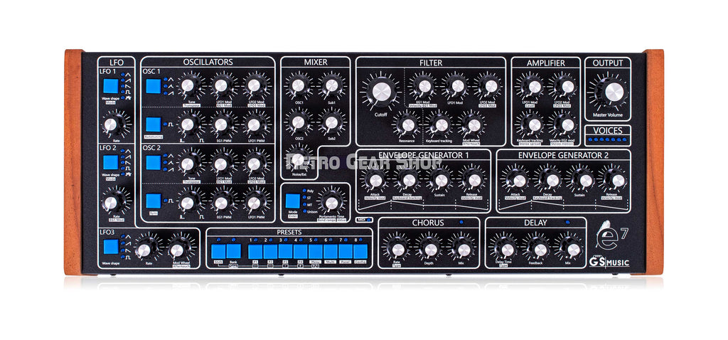 e7 gear GS Music E7 Black/Blue Synthesizer Polyphonic Analog Desktop Module– Retro Gear Shop