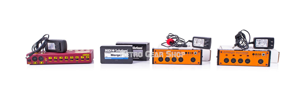 Midiman Thru Box 3x8, Orange Squeeze 4x1 and Midi Solutions Midi Merge Box Front