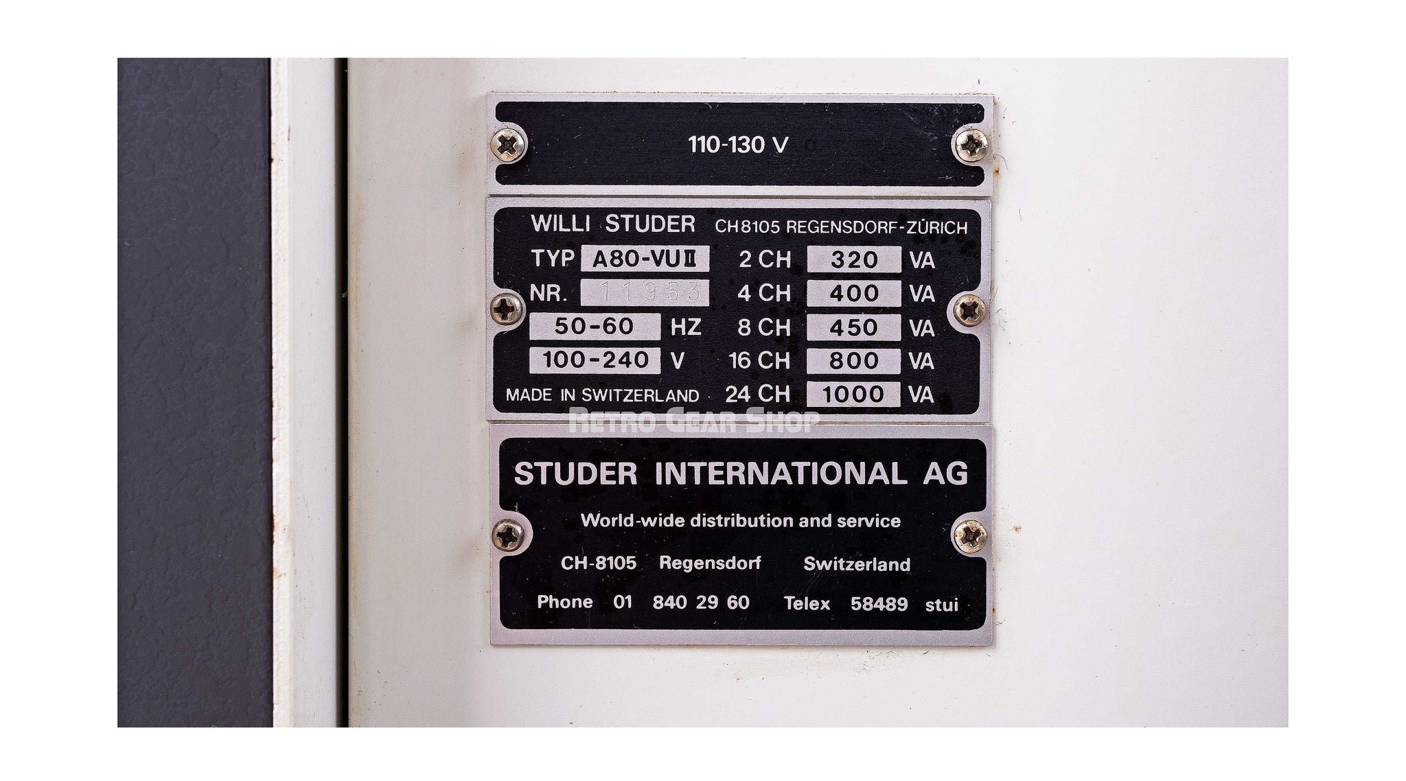 Studer A80 1/2" 2-Track Tape Machine Serial Badge