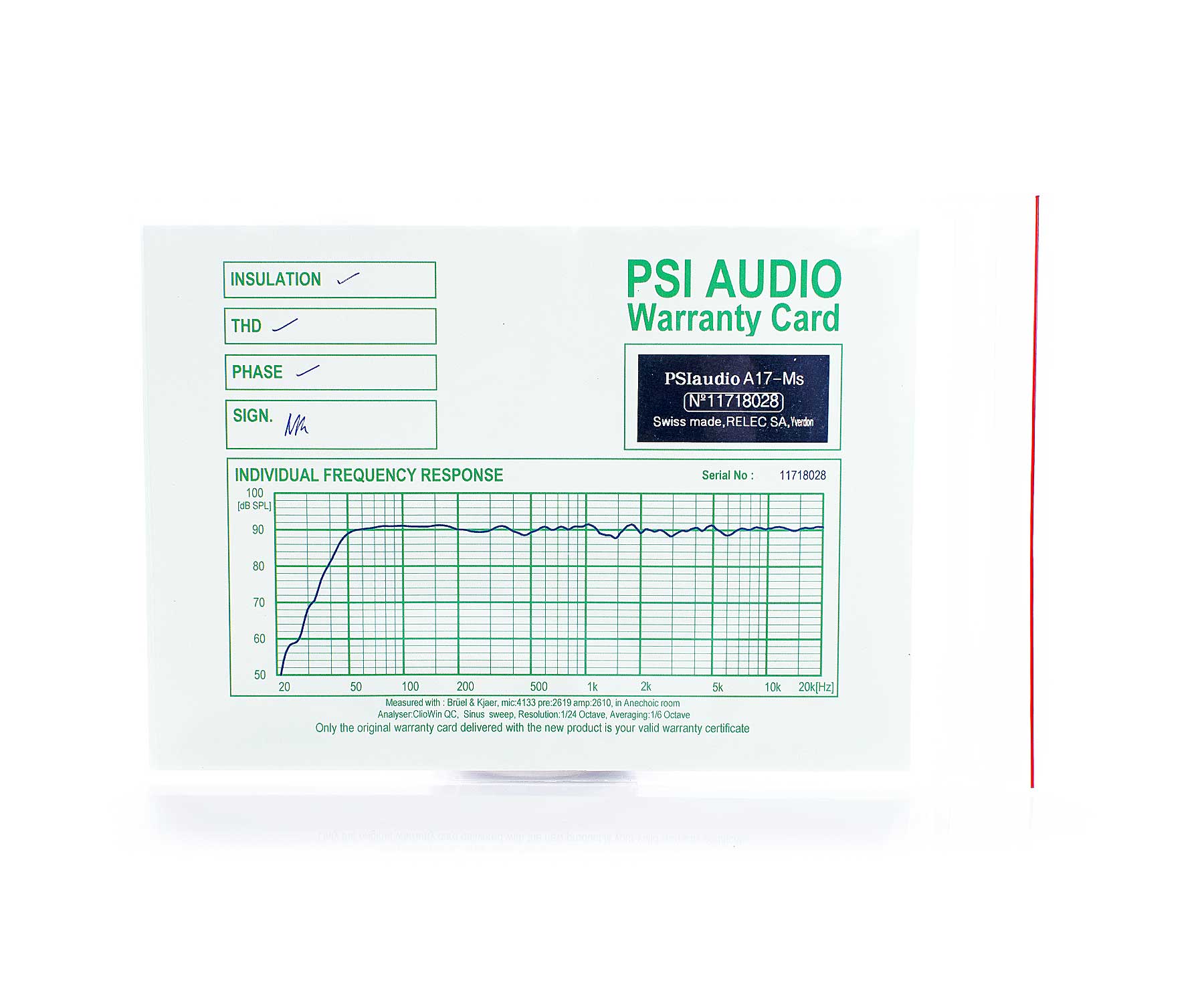 PSI Audio A17-M Warranty Calibration Card